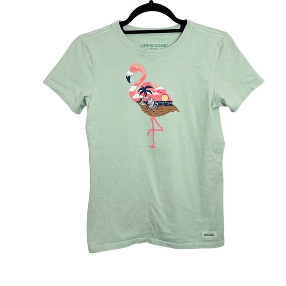 Life Is Good Womens XS Crusher Tee Flamingo Print Light Green 100% Cotton - Picture 1 of 9